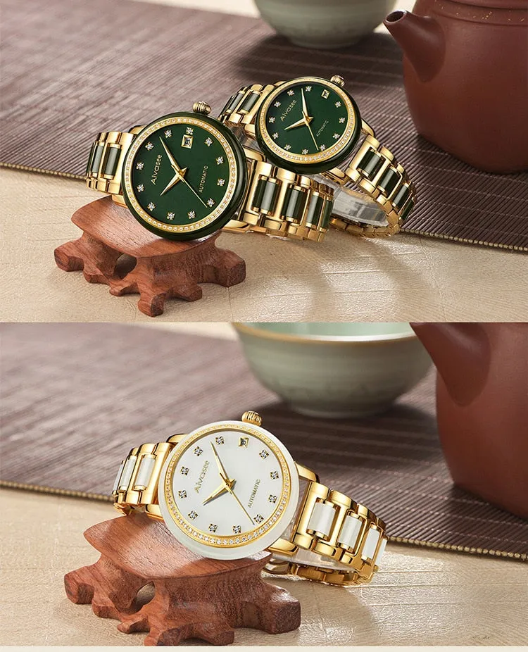 Unisex Jade Diamond Automatic Mechanical Hollow Emerald Wrist Watch