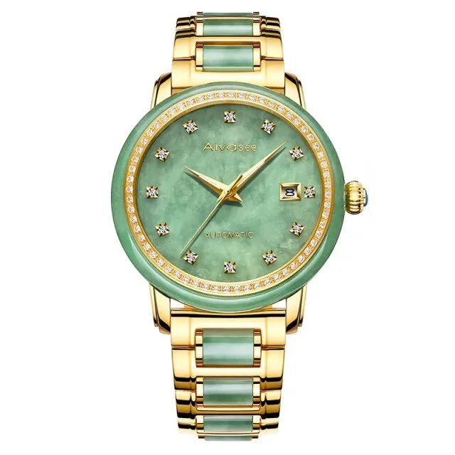 Unisex Jade Diamond Automatic Mechanical Hollow Emerald Wrist Watch