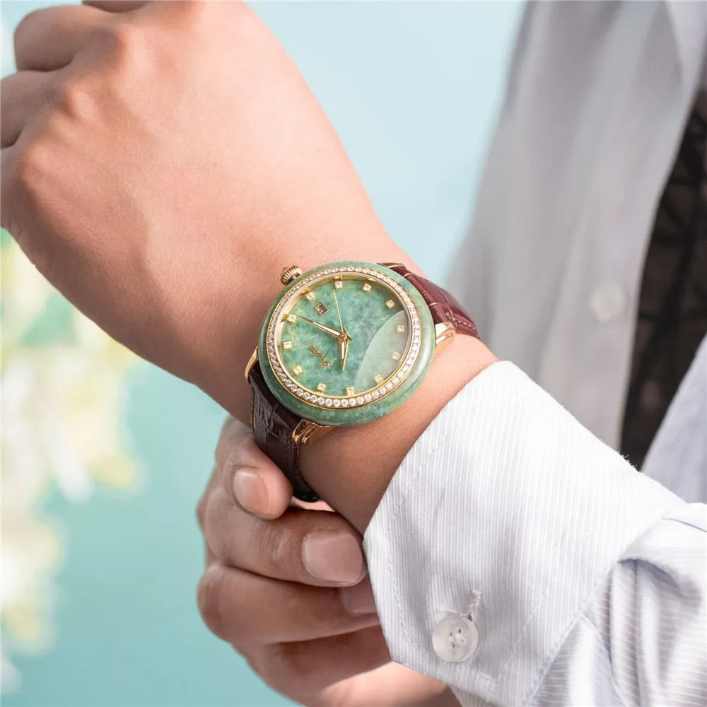 Unisex Pure Natural Jade Mechanical Automatic Self-Wind Waterproof Watch