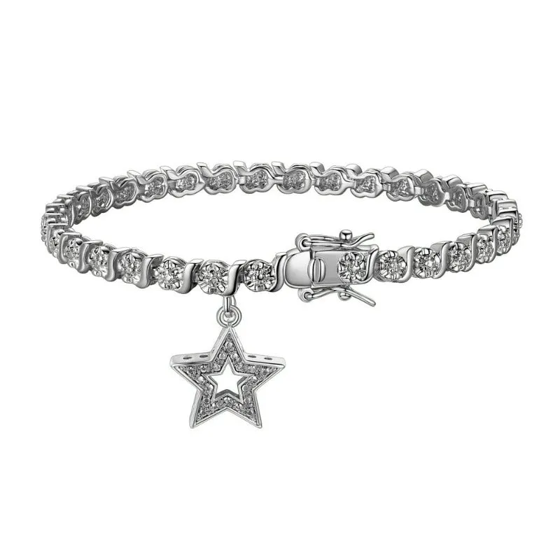 Women's 18K Yellow Gold Plated Diamond Accent Open Heart Charm Tennis Bracelet, 7.25"