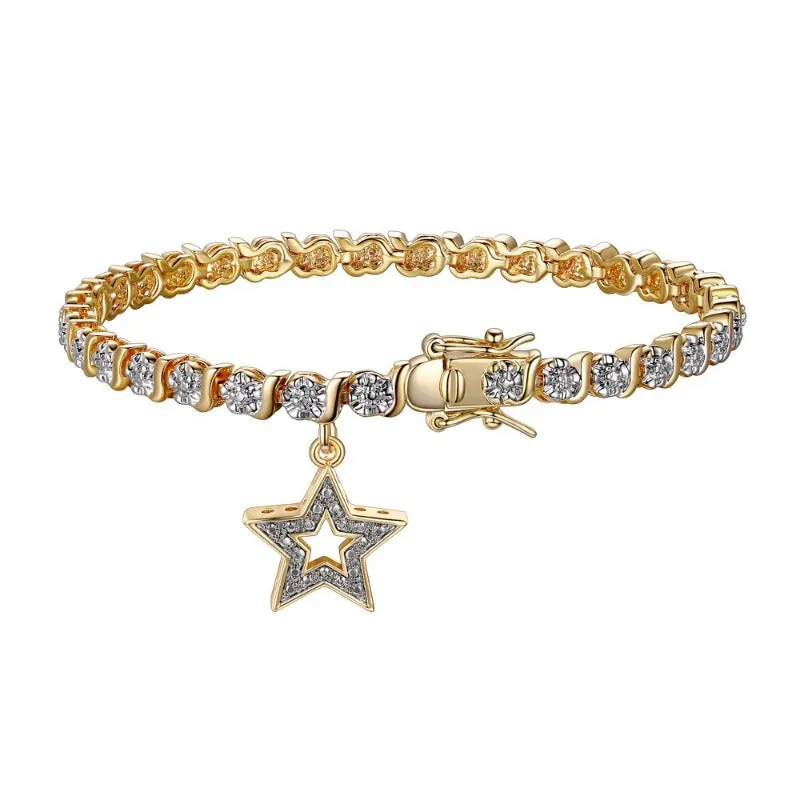 Women's 18K Yellow Gold Plated Diamond Accent Open Heart Charm Tennis Bracelet, 7.25"