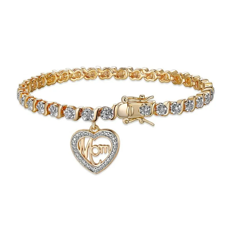 Women's 18K Yellow Gold Plated Diamond Accent Open Heart Charm Tennis Bracelet, 7.25"