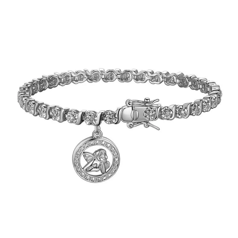 Women's 18K Yellow Gold Plated Diamond Accent Open Heart Charm Tennis Bracelet, 7.25"