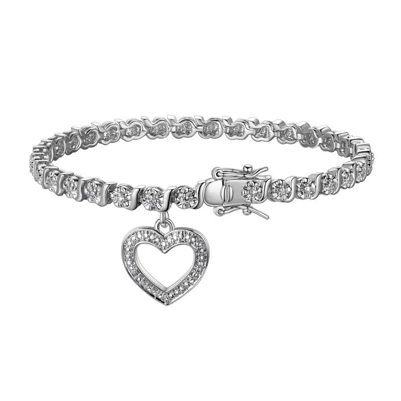 Women's 18K Yellow Gold Plated Diamond Accent Open Heart Charm Tennis Bracelet, 7.25"