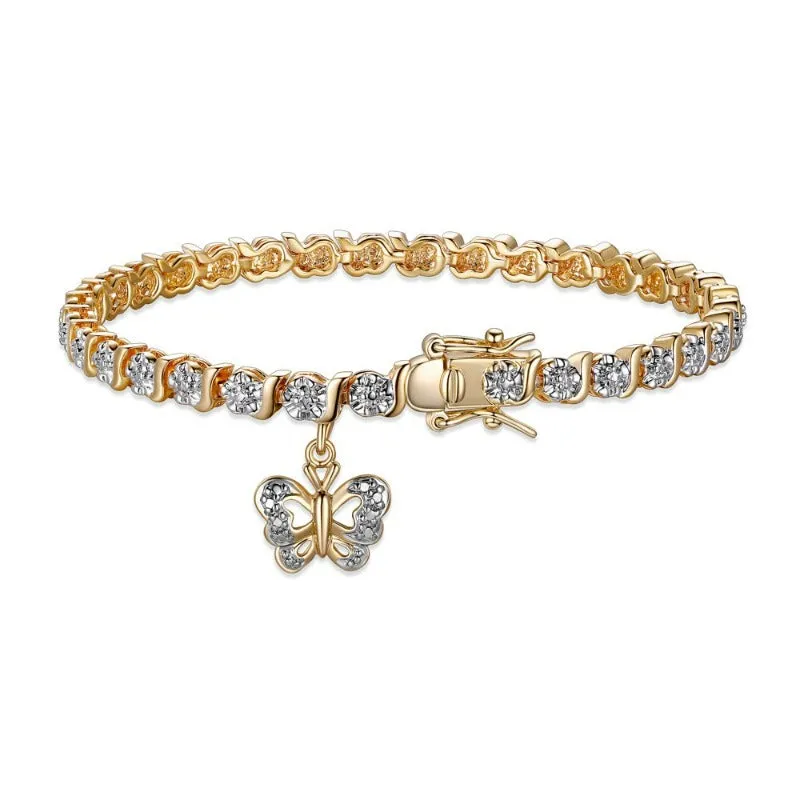 Women's 18K Yellow Gold Plated Diamond Accent Open Heart Charm Tennis Bracelet, 7.25"