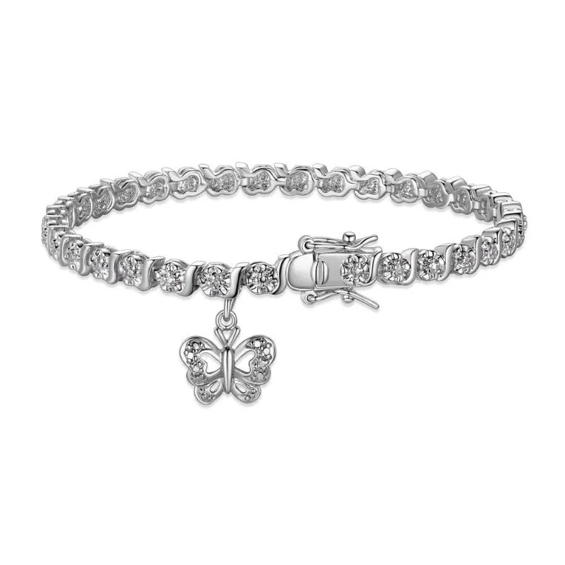 Women's 18K Yellow Gold Plated Diamond Accent Open Heart Charm Tennis Bracelet, 7.25"