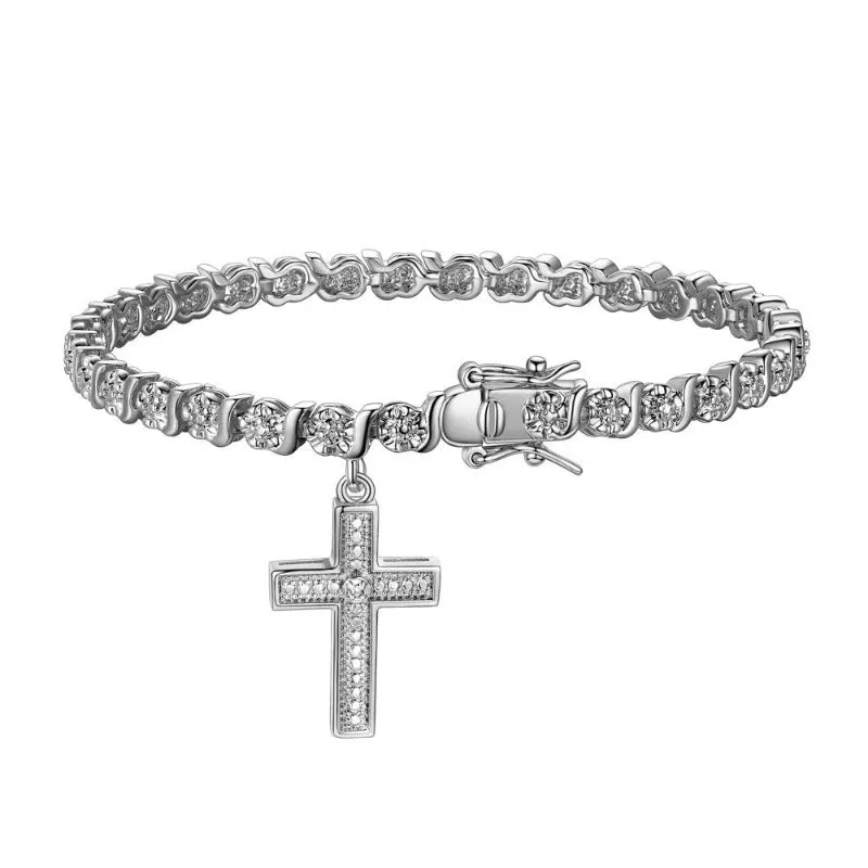 Women's 18K Yellow Gold Plated Diamond Accent Open Heart Charm Tennis Bracelet, 7.25"