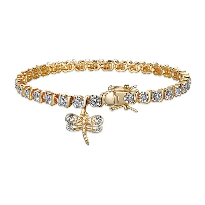 Women's 18K Yellow Gold Plated Diamond Accent Open Heart Charm Tennis Bracelet, 7.25"