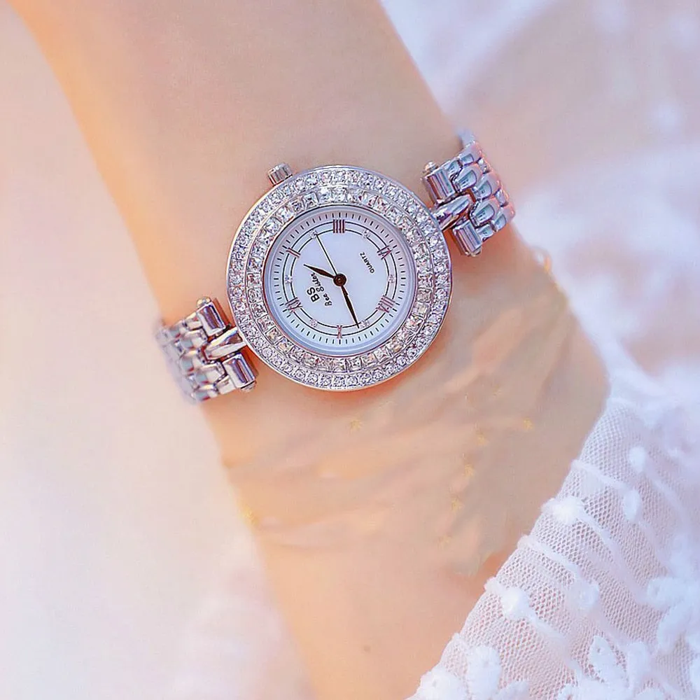 Women's Luxury Designer Golden Rose Silver Quartz Wristwatch