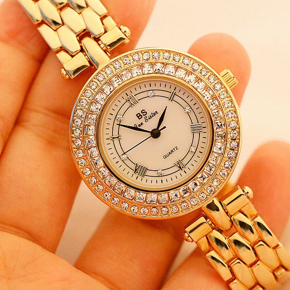 Women's Luxury Designer Golden Rose Silver Quartz Wristwatch