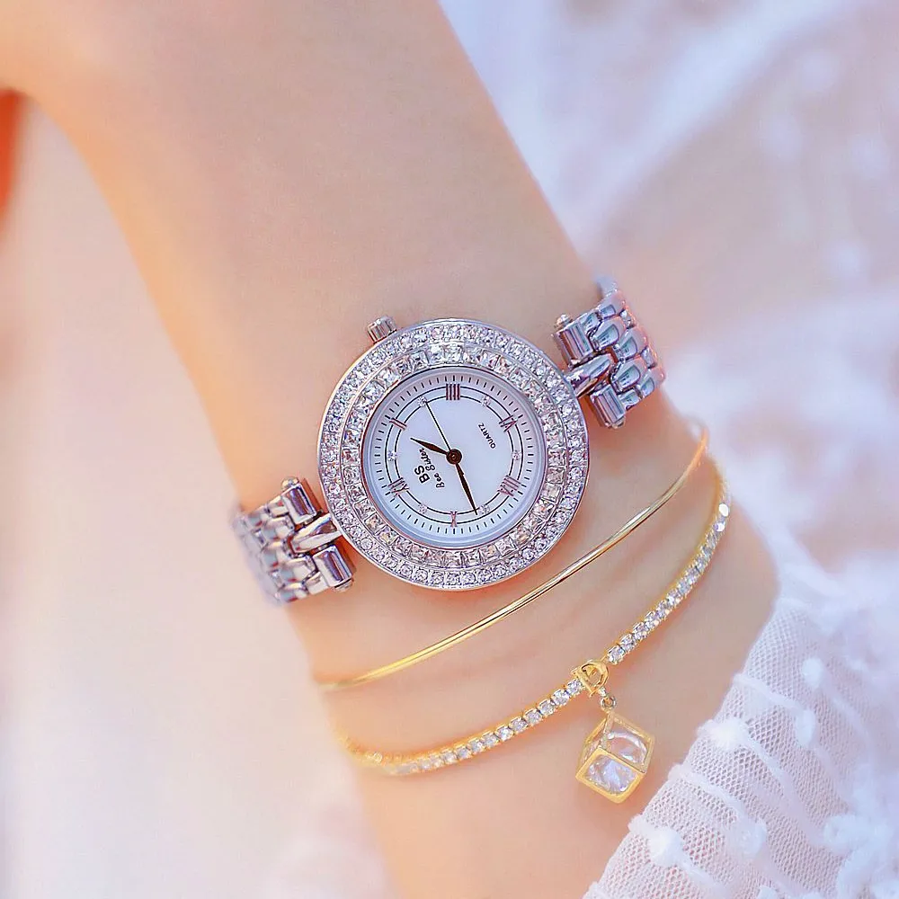 Women's Luxury Designer Golden Rose Silver Quartz Wristwatch