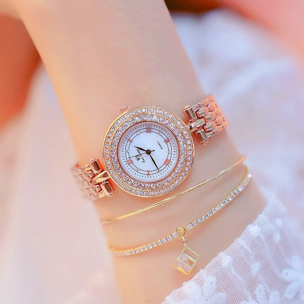 Women's Luxury Designer Golden Rose Silver Quartz Wristwatch