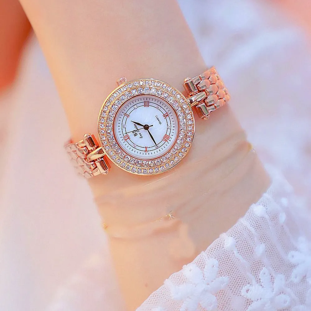 Women's Luxury Designer Golden Rose Silver Quartz Wristwatch