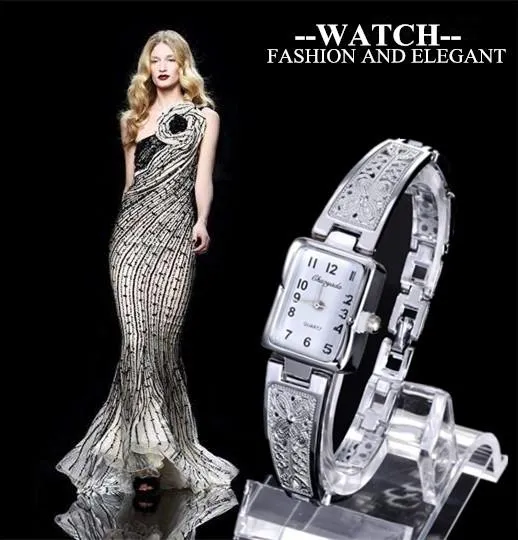 Women's Vintage Luxury Gold   Silver Rectangle Dial Carved Watches