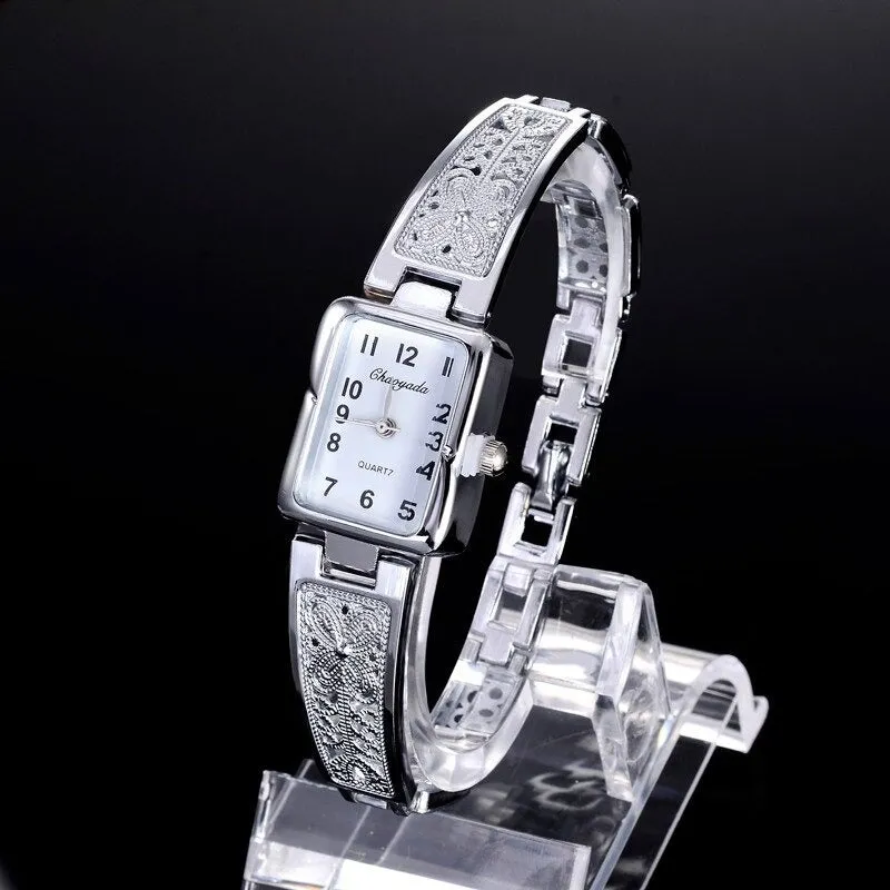 Women's Vintage Luxury Gold   Silver Rectangle Dial Carved Watches